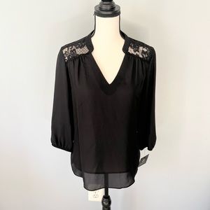 NWT Black blouse with lace shoulders